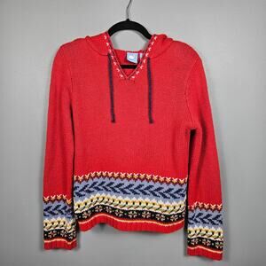 Vintage Y2K Next Era Hooded Fair Isle Knit Sweater Red Wool Blend Womens Large L